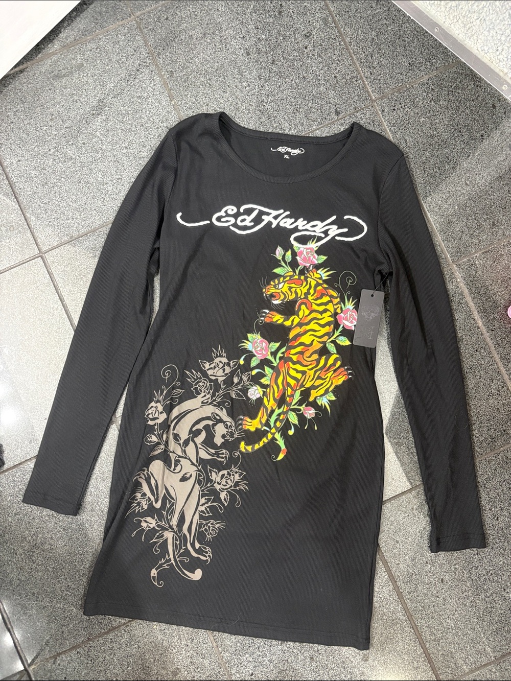Ed Hardy Black long sleeve dress with Yellow Tiger Graphic